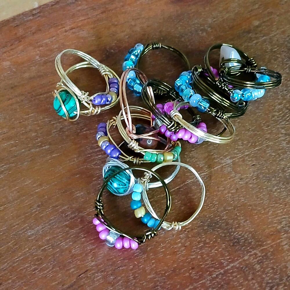 16 Piece Wire Wrapped Rings, Handmade Rings, Beaded Rings, Assorted - Picture 2 of 3